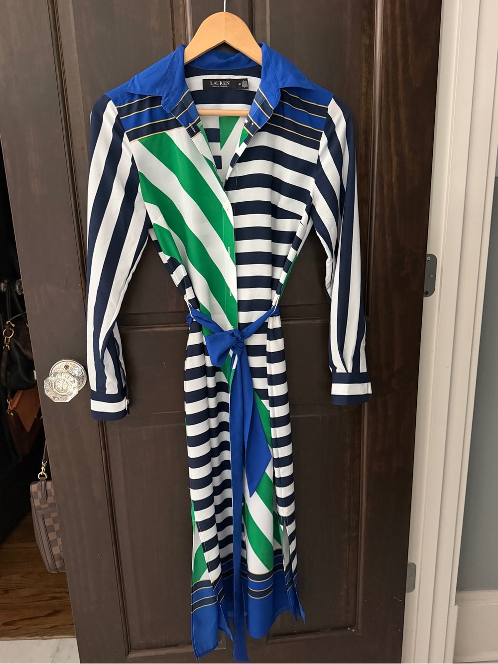 Ralph Lauren Navy, White & Green Striped Long Sleeve Shirt Dress
